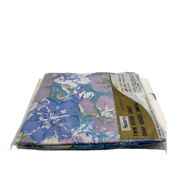 Sears Elasto-Fit Twin Fitted Sheet 39” X 75” Flower Power Mod MCM Blue Purple - Picture 11 of 14